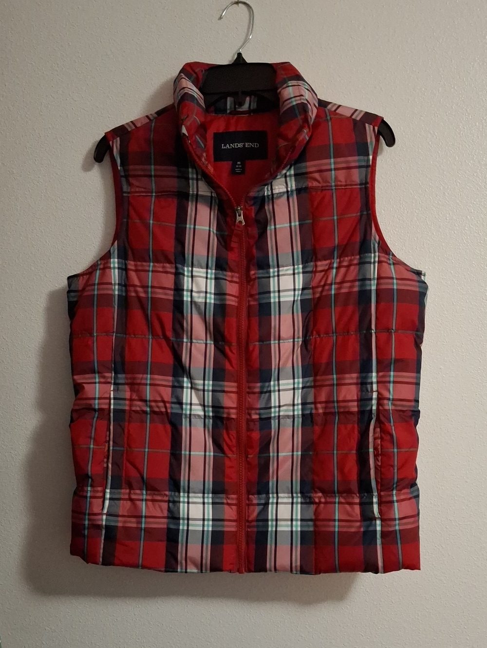 Lands' End Red Plaid Quilted Vest Size Medium